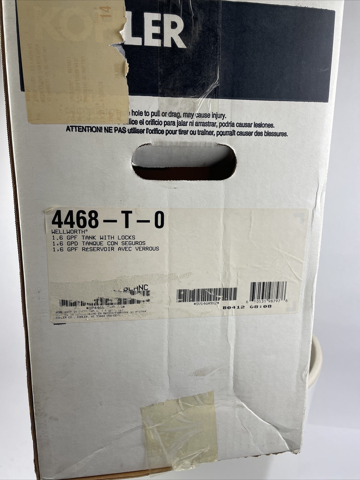Kohler K-4468-T-0 Wellworth white toilet tank with trip lever and flush valve