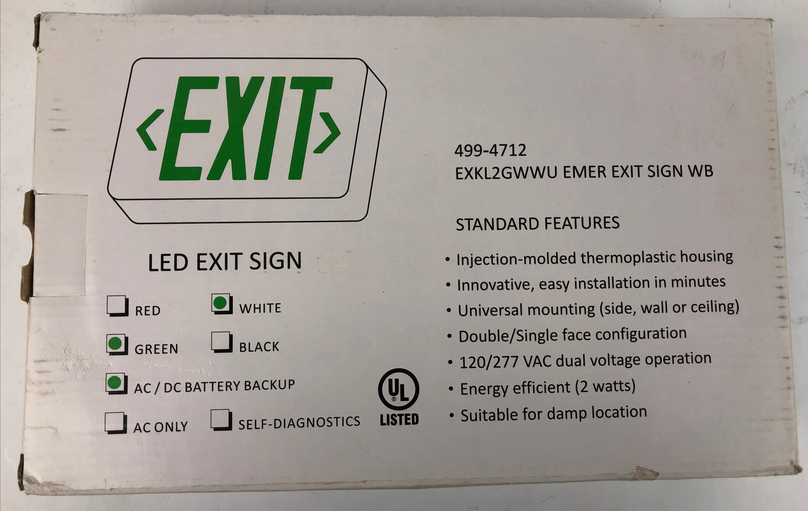 ULINE H-1664 Hard-Wired Exit Sign Injection Molded Thermoplastic * Green Letters
