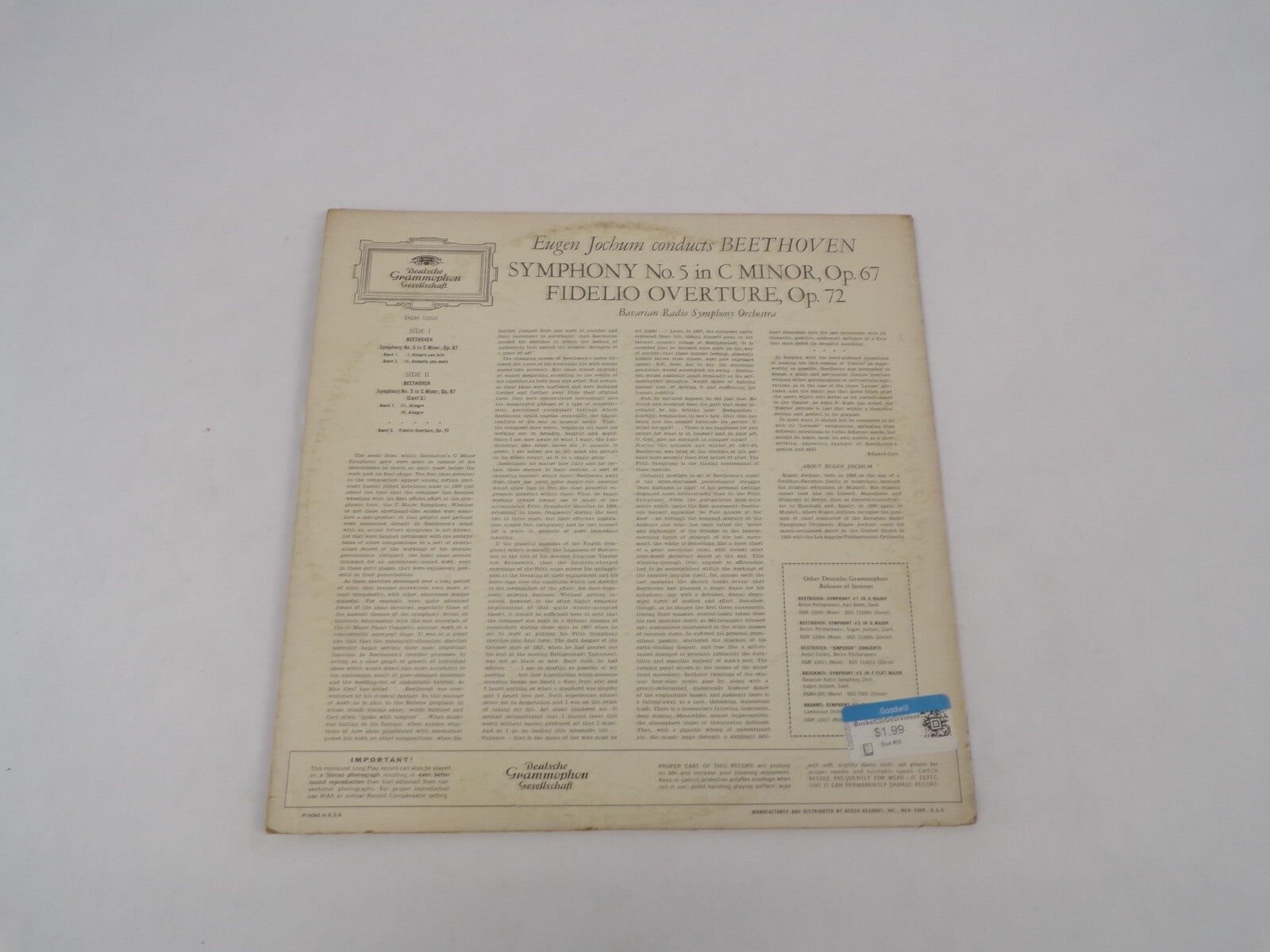 Symphony No.5 In C Minor Fidelio Overture Eugen Jocbum Beethoven Vinyl Record