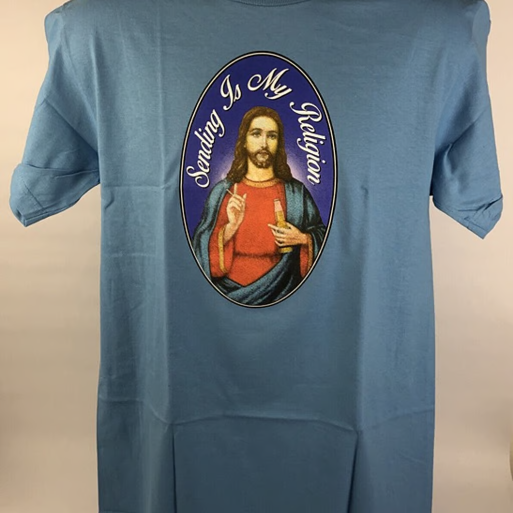 NEW Full Send " Sending is my Religion " SS T-Shirt Mens Medium BLUE Nelk Boys