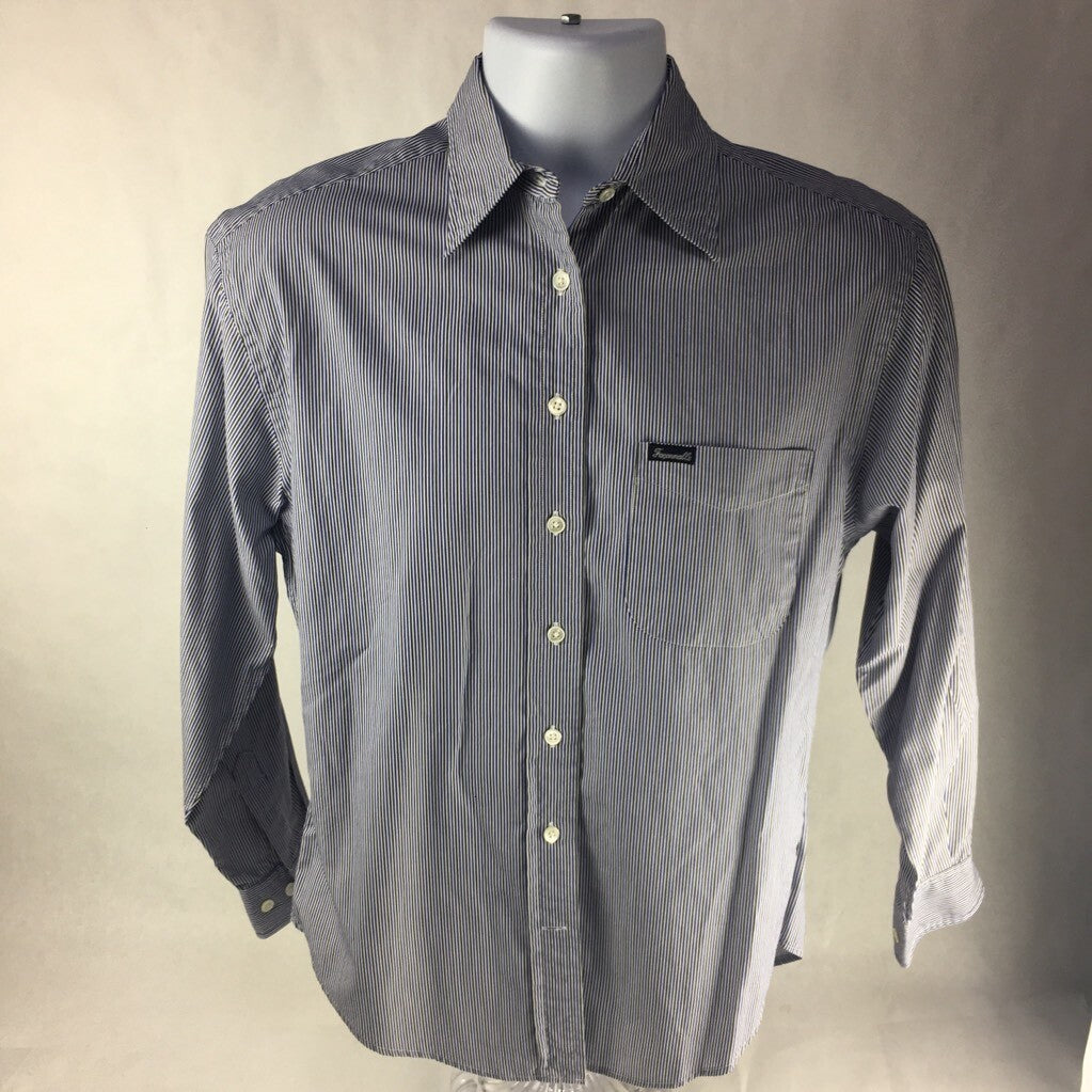 Faconnable Mens Button Front Shirt White Blue Stripe Long Sleeve Pocket Cotton S