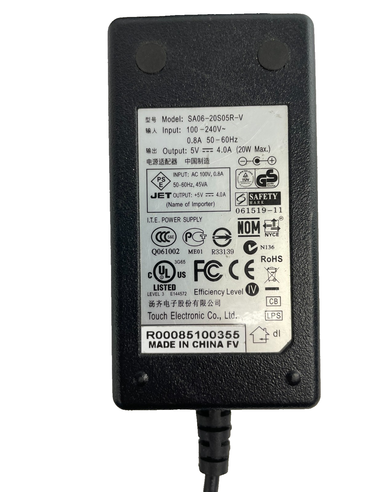 Geniune Touch Electronic Model SA06-20S05R-V Output 5V 4.0A Adapter #A42