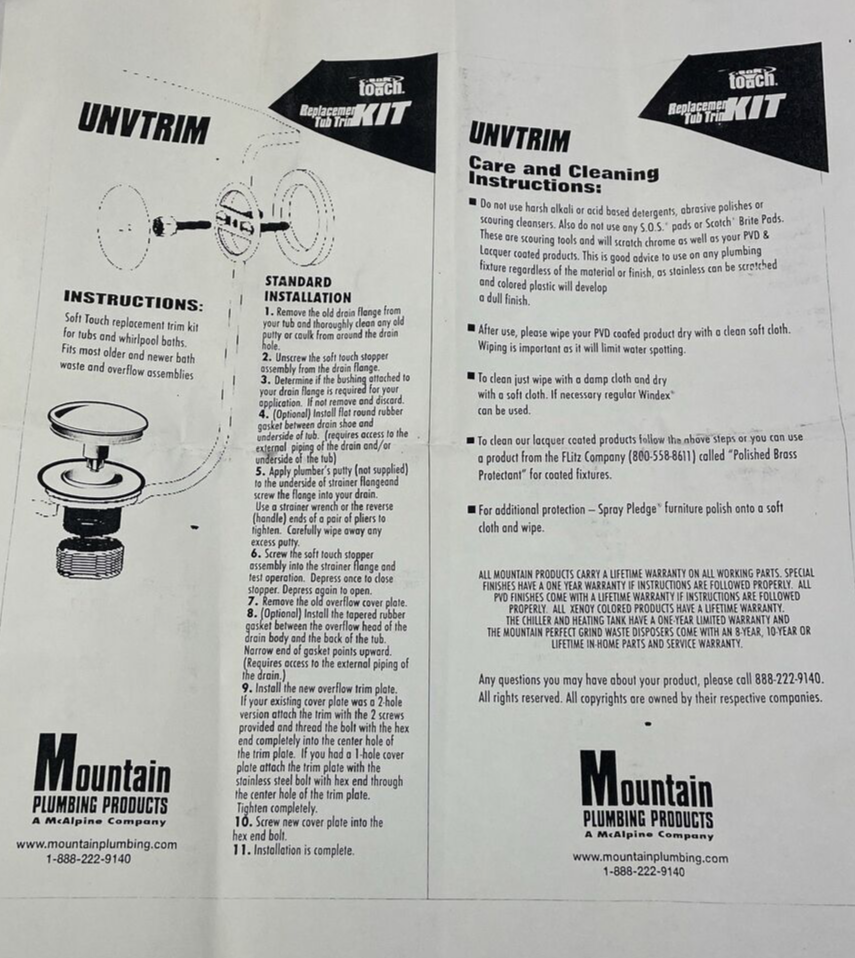 Mountain PP Replacement Bathtub Drain Trim Kit for older Drains Square / Round