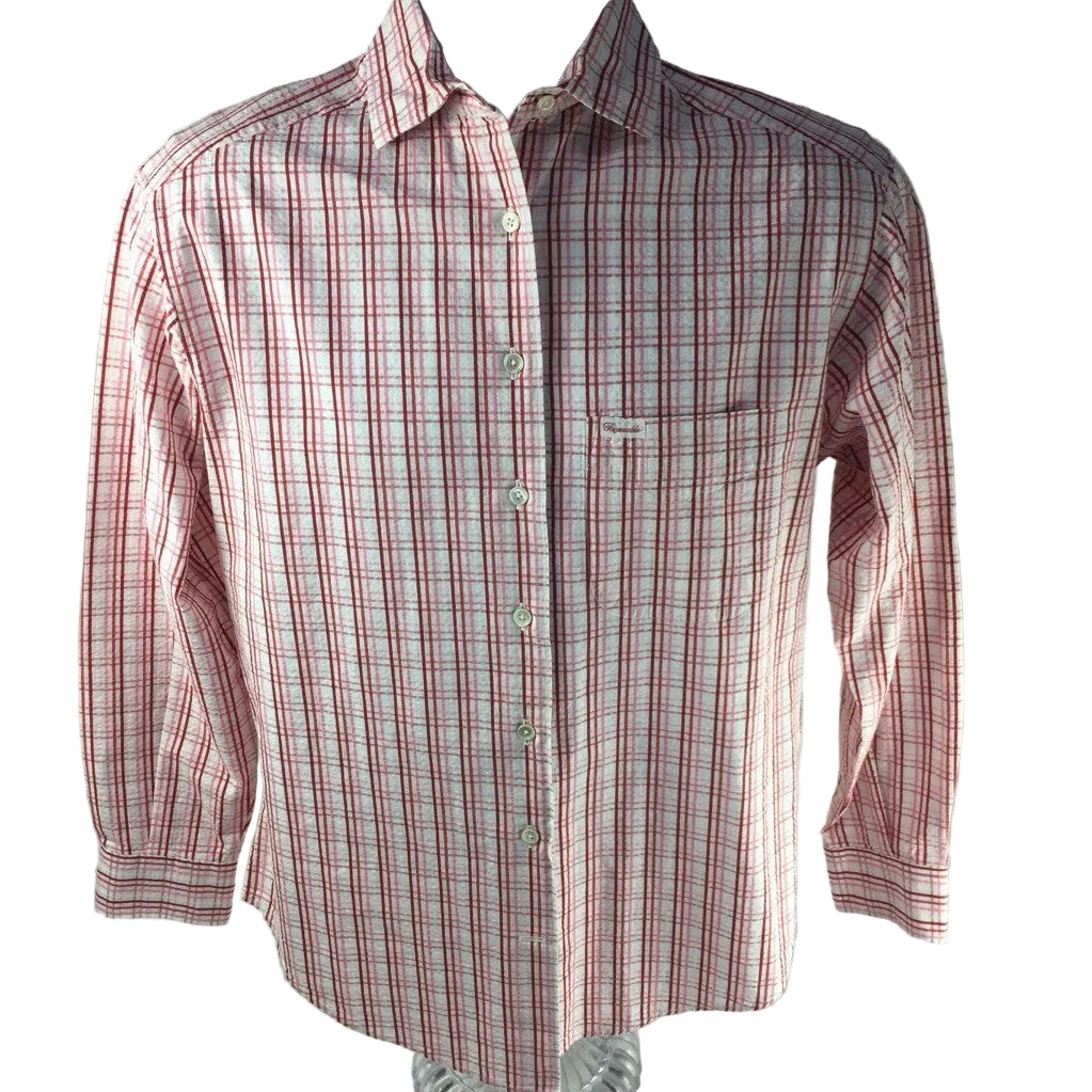 Faconnable Mens Button Front Shirt Pink White Plaid Long Sleeves 100% Cotton XS
