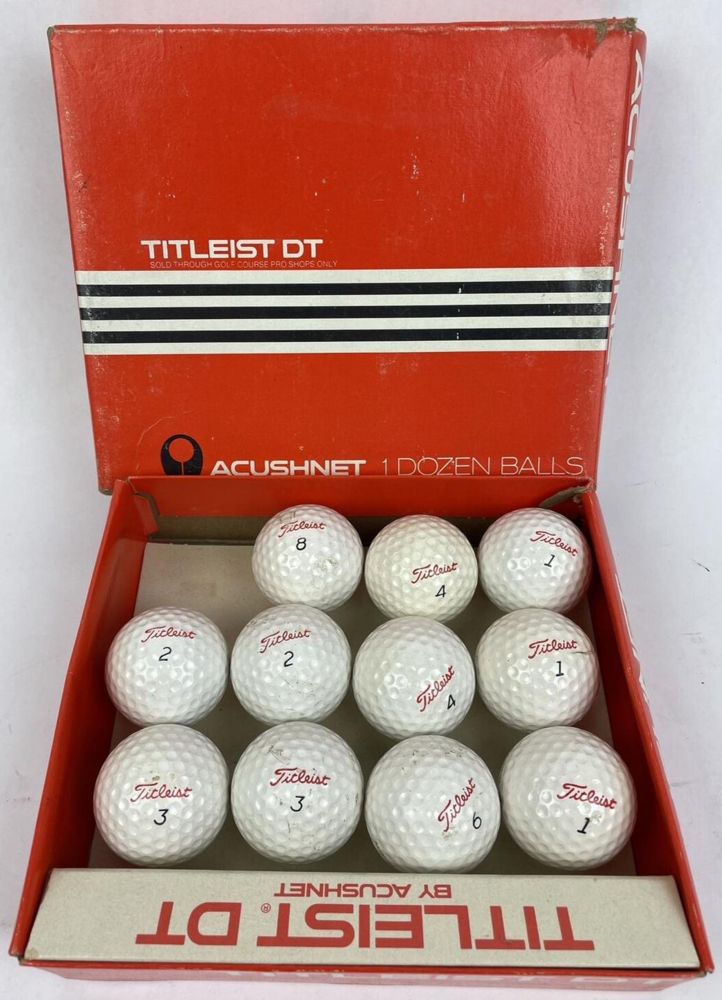 11 RARE Vintage Titleist Acushnet Golf Balls, By Acushnet DT , 1,2,3,4,6,8 w BOX
