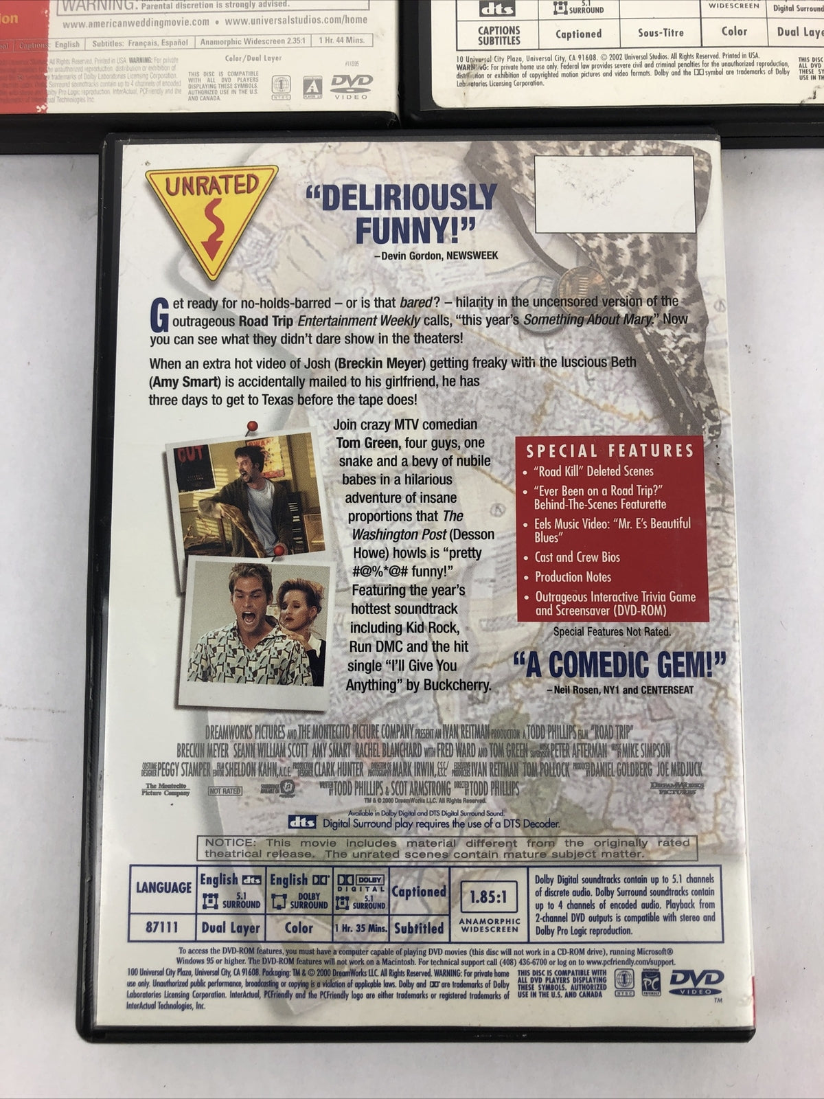 Road Trip , American Pie 2 , American Wedding (DVD, Unrated Version) 3 X DVD Lot