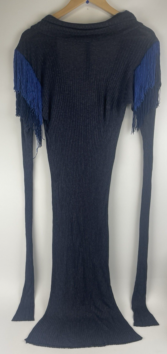 Brian Lichtenberg Y2K Designer Ribbed Knit Maxi Dress w Fringe Shoulder Accents