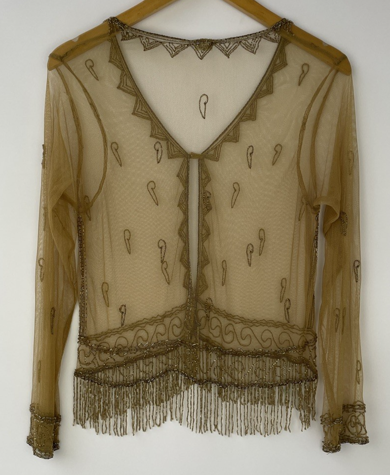 SHIBA Vintage Sheer Mesh Long Sleeve Hand Beaded V Neck Gold Tone Tunic Small