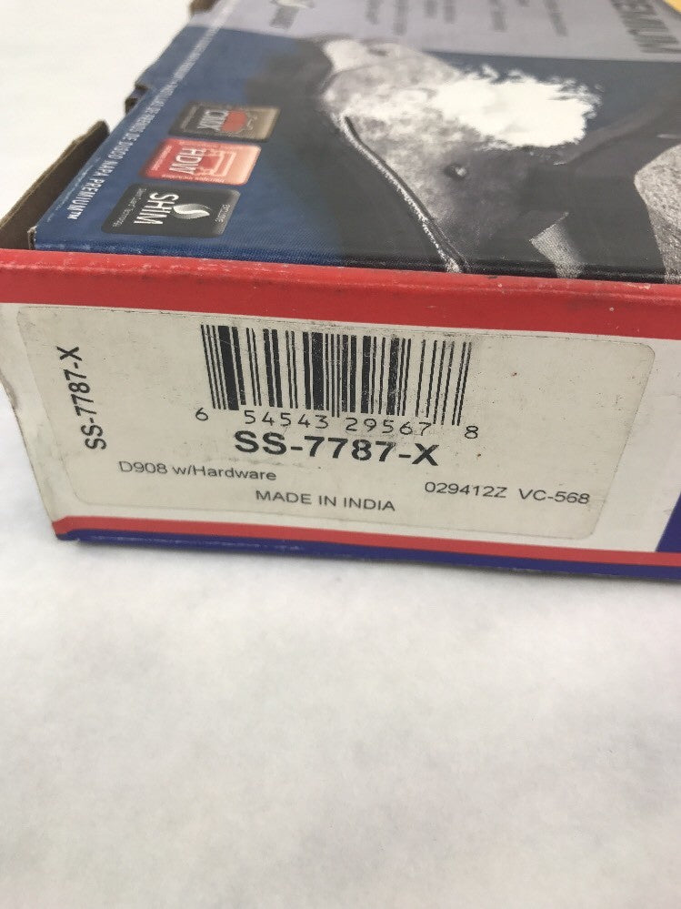 NAPA SS7787X front ceramic disc brake pad set OEM replacement brake pads with anti-squeal shims for automotive front disc brake systems.