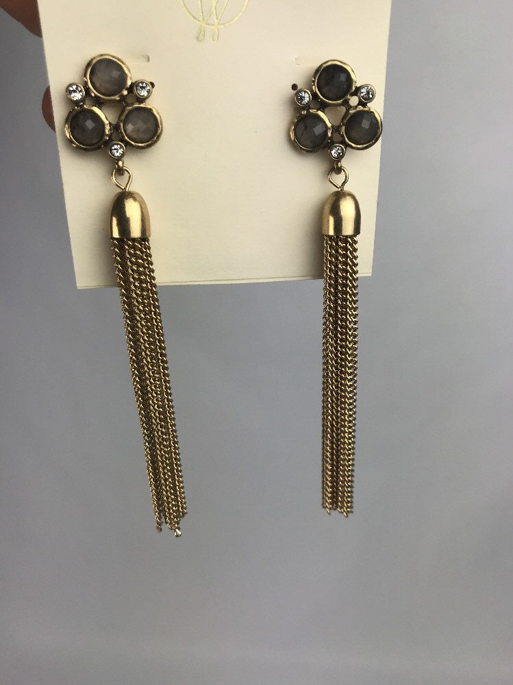 Beaded Round Stud Olivia Welles  and Tassel 4" Long Drop Earrings GOLD Crystal