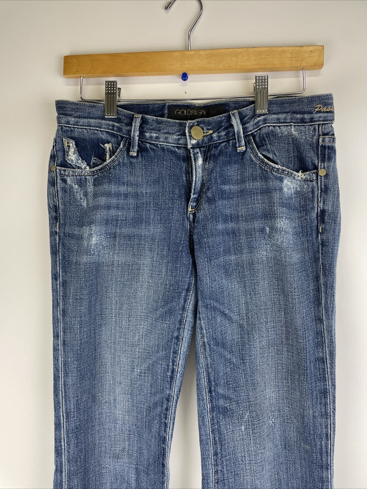 Goldsign Pants Women Sz 26 Blue Denim Jeans Flared Light Wash Low Rise Y2K