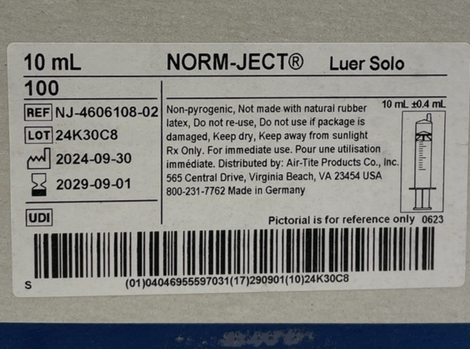 Box of 100 x OEM Norm-Ject NJ-4606108-02 Plastic Syringe Luer Solo 10 mL  2029