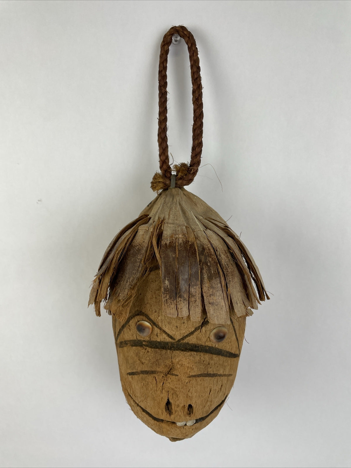 Coconut Carved Hand Made Tribal Native Head Decor Wall Hanging Shell Eyes Creepy