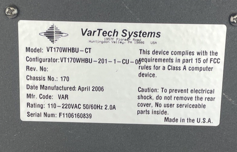 Vartech Systems VARTECH VT170WHBU-CT LCD Monitor 17" Display Monitor - No Stand