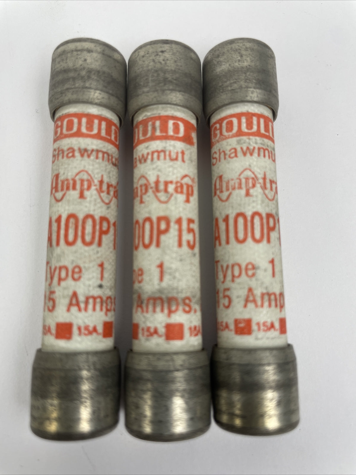 Lot of 3 x GOULD SHAWMUT FUSES A100P15 Type 1 15 AMPS Form 101 1000 VAC