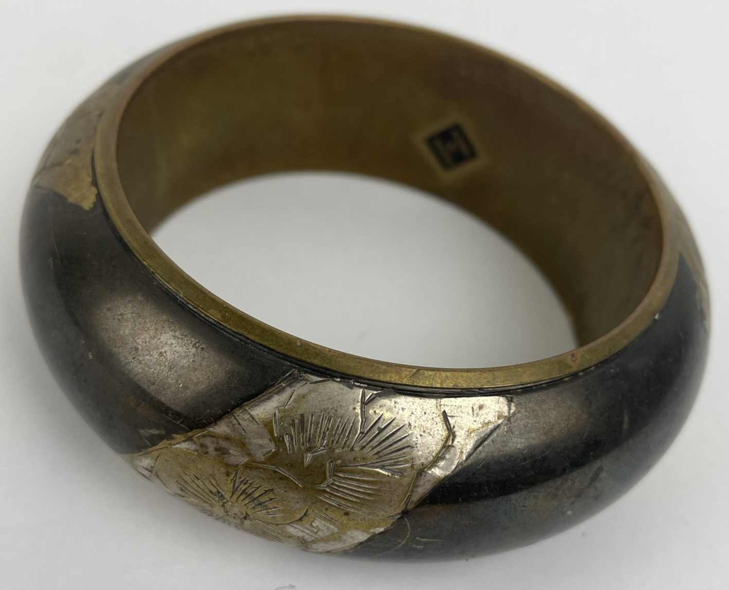 Lot of 3 Bracelet s Vintage Indian bone + Inlay Bangle Brass Floral Bird 8.5