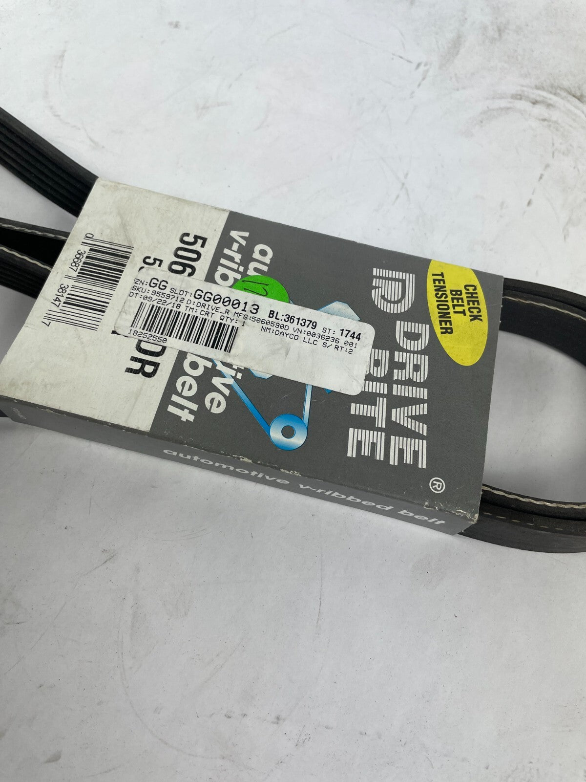 Dayco Drive Rite 5060590DR premium utility V-belt OEM replacement automotive drive belt.