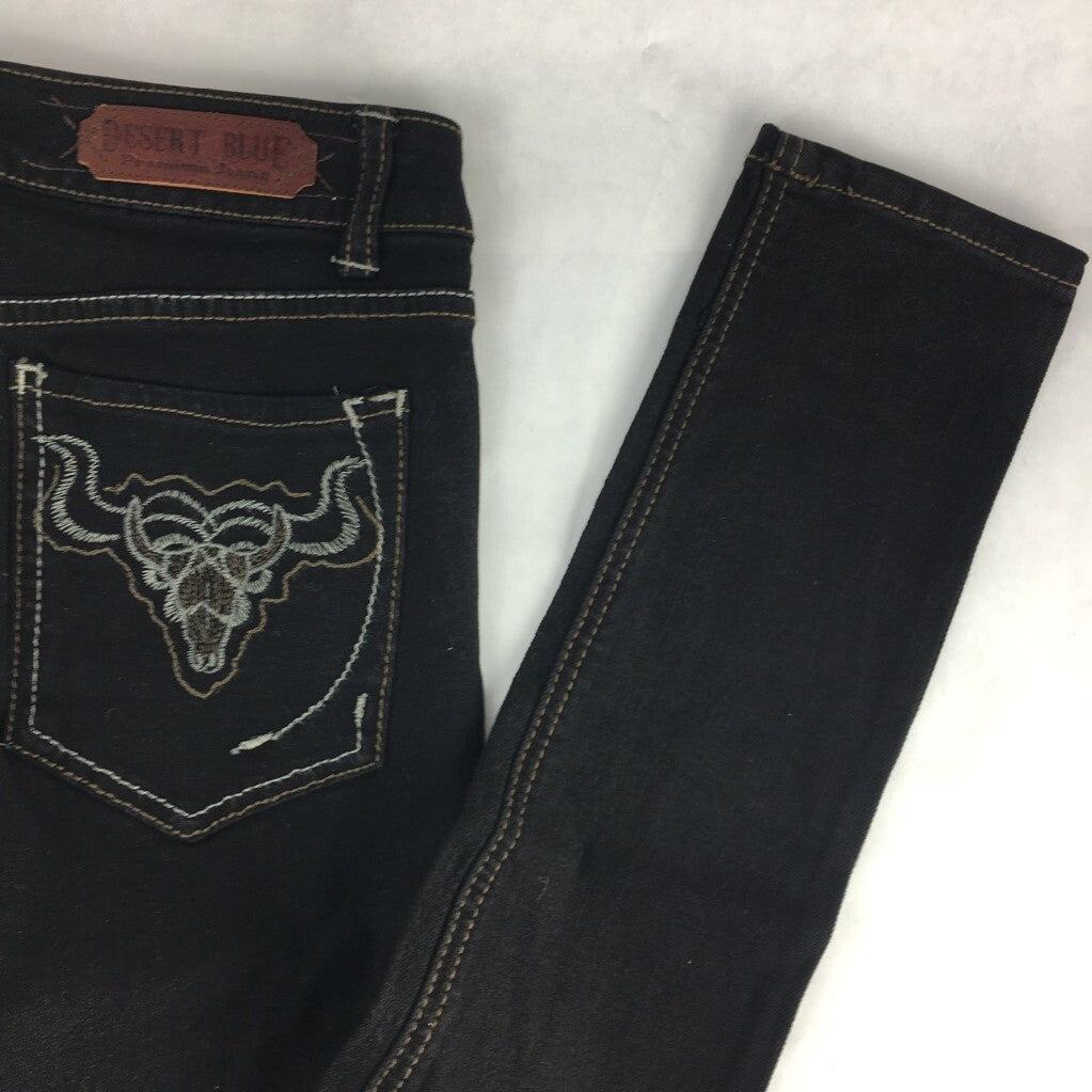 Desert Blue Womens Skinny Jeans Black Embroidery Bull Head Zipper Stretch 26 New