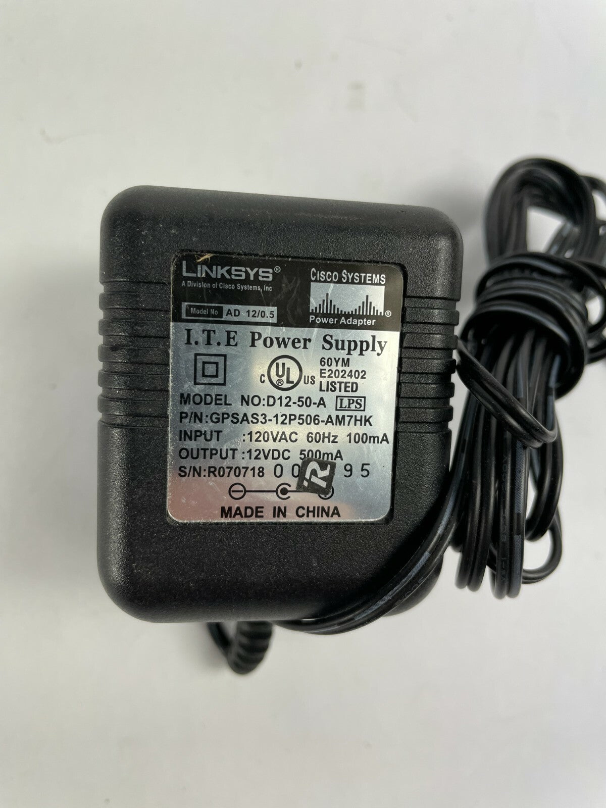 Genuine Linksys Ac Adapter D12-50-A Output 12 V 500mA Power Supply Adapter A91