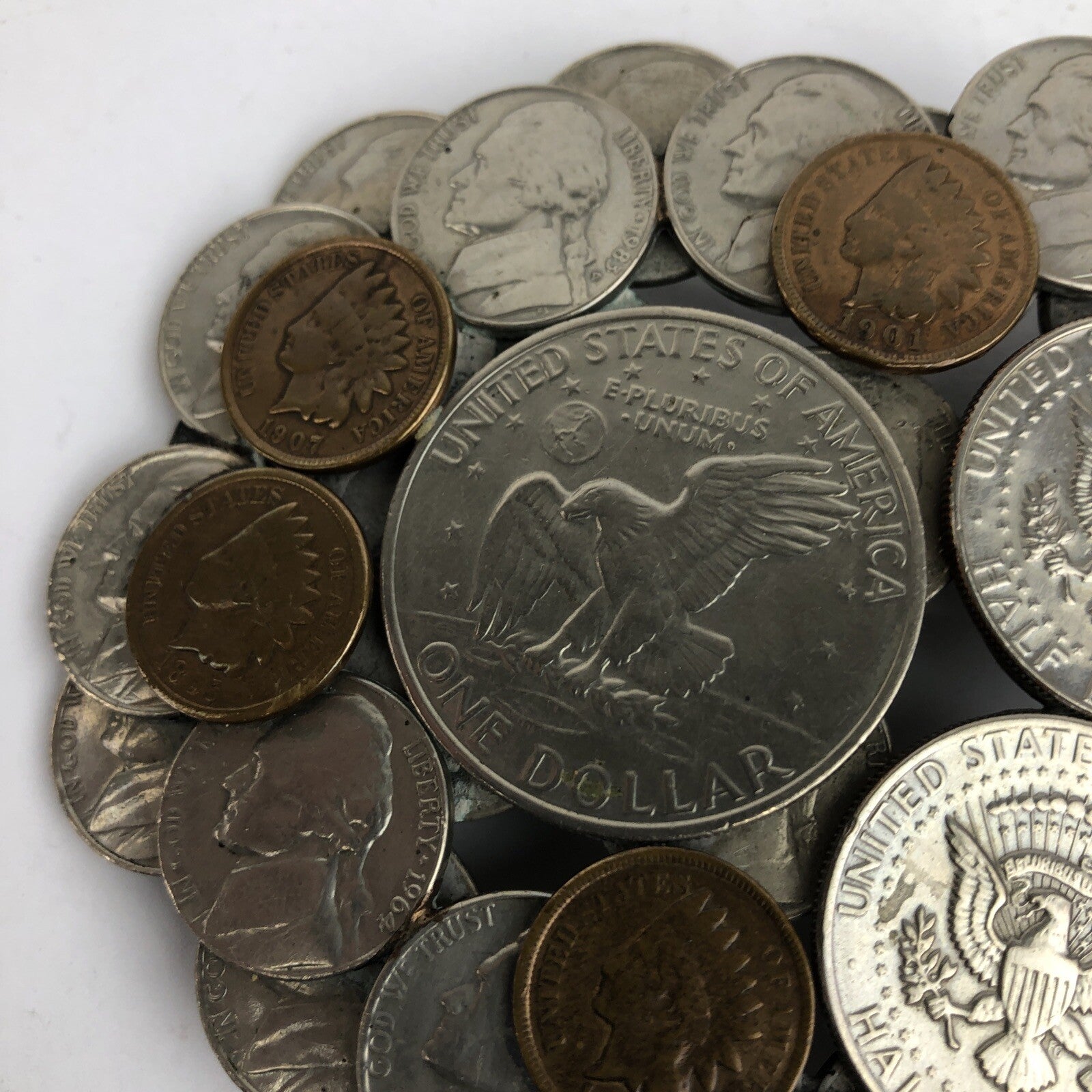 Vintage Coins Cluster Belt Buckle 1897-1907 Penny Silver Dollar Half Dollar Folk