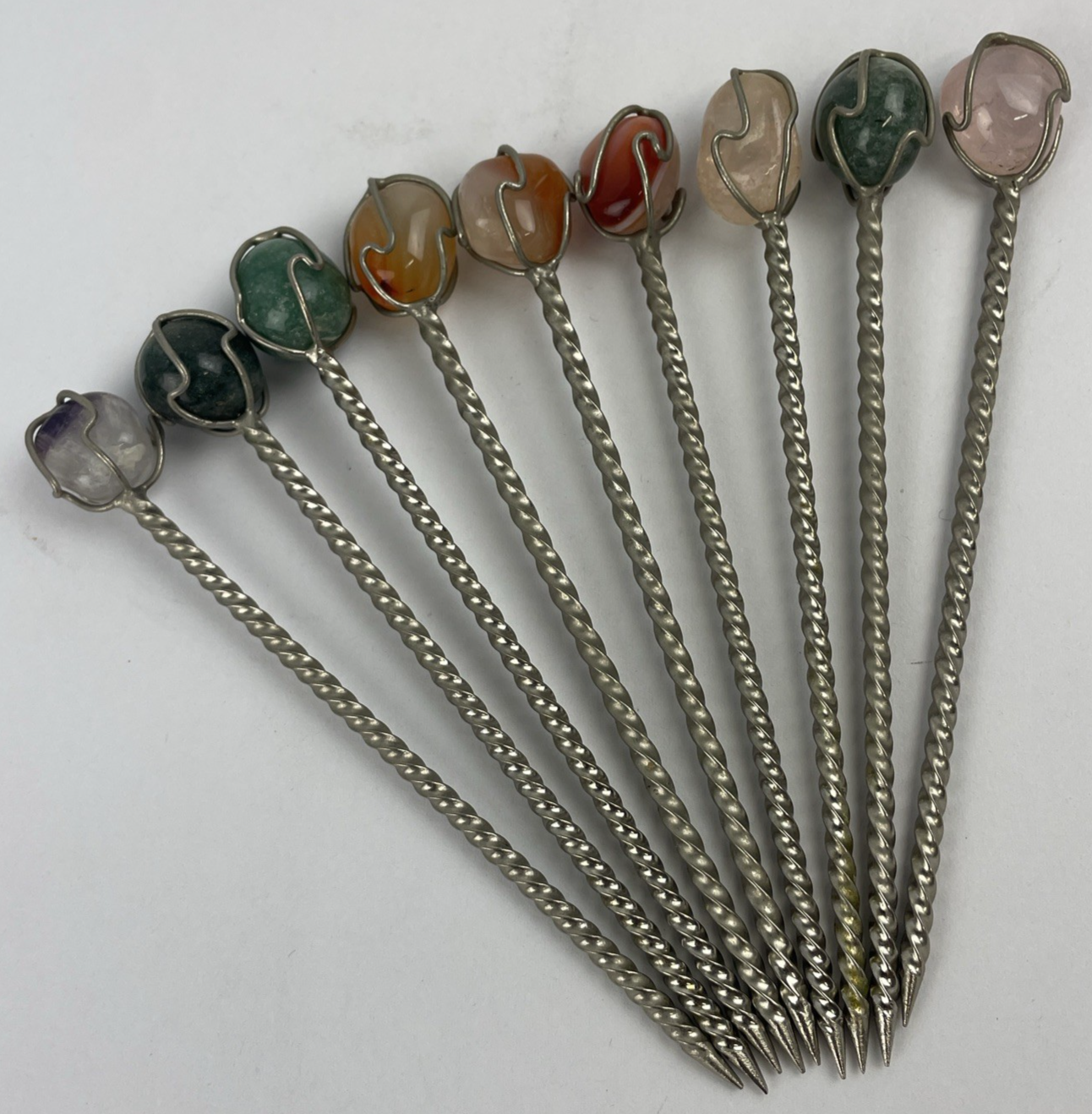 Vintage POLISHED AGATE TOP SET OF 9 SILVERPLATE Party HORS D'OEUVRE PICS 4"