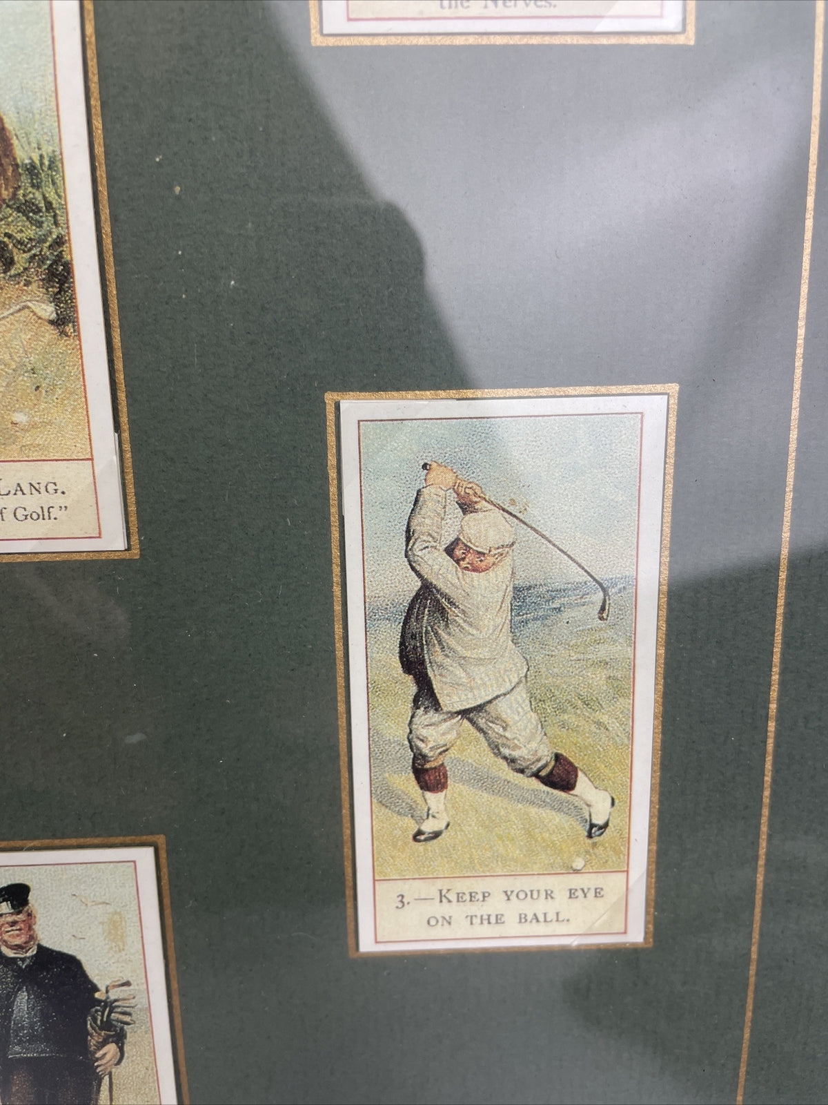 Framed and matted collection of 18 vintage style cigar tobacco golf trading cards with historical information display artwork collectible memorabilia