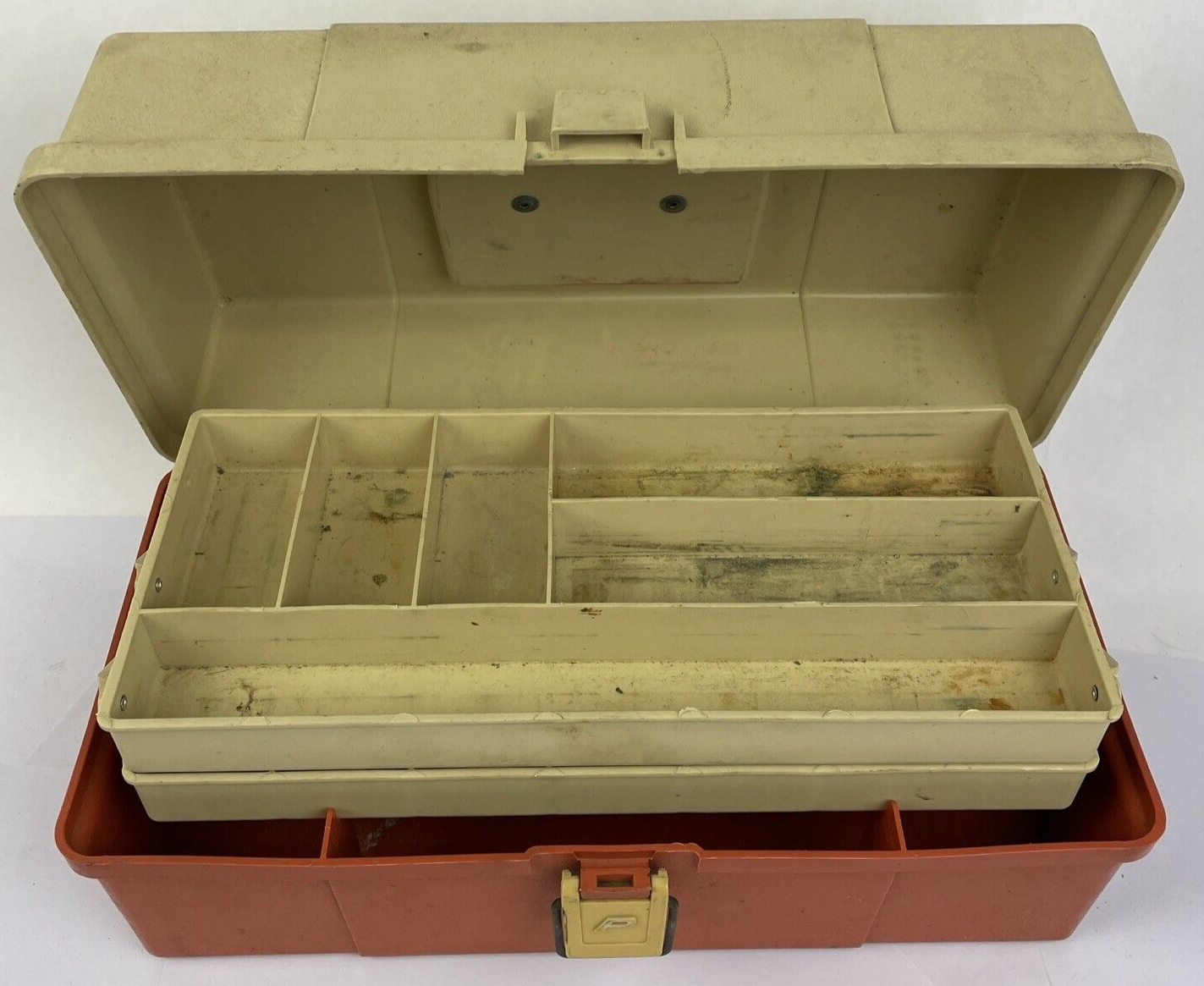 Plano 5520 Tackle Box Orange Beige Fishing Box With Contents Hooks Swivel Beads