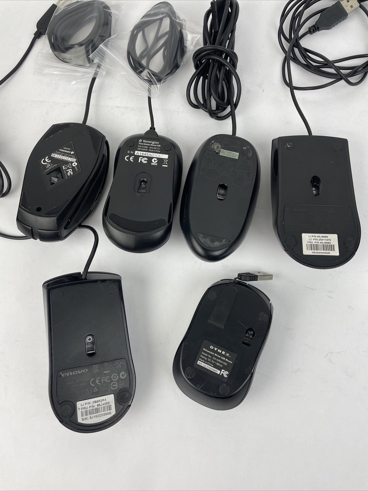 6 x Assorted Corded Mouse Lot - CHERRY GENTIX, 2 x Lenovo, Dynex, HP, Kensington