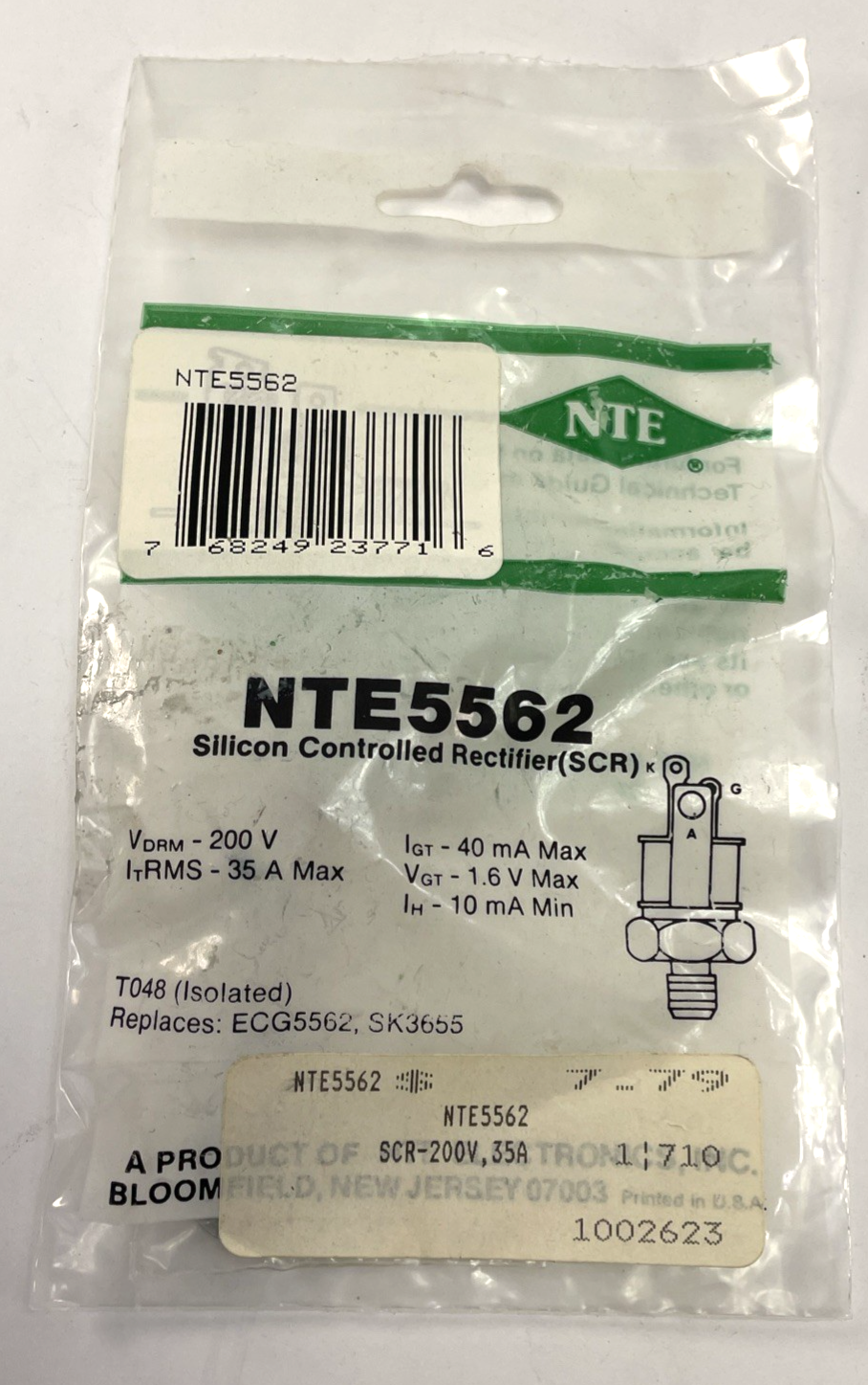 NTE Electronics NTE5562 SILICON CONTROLLED RECTIFIER 200VRM 35A TO-48 IGT=30MA