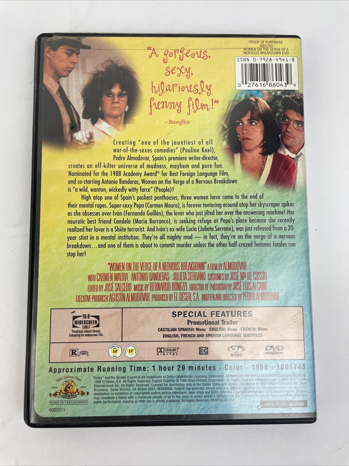 Women On The Verge Of A Nervous Breakdown DVD Antonio Banderas Carmen Maura MINT