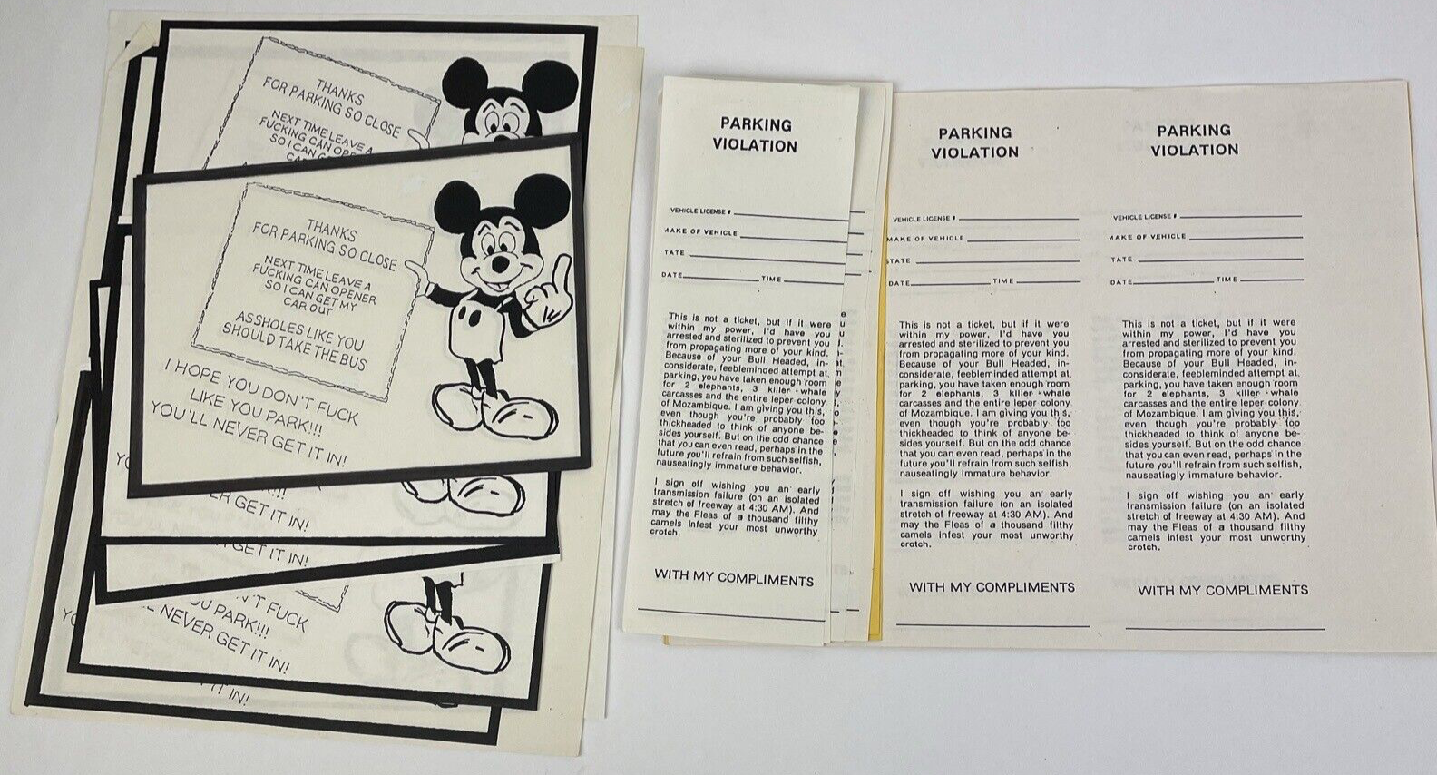 Vintage Funny Novelty Prank Bad Parking Cards and Citations Mickey Mouse LOOK