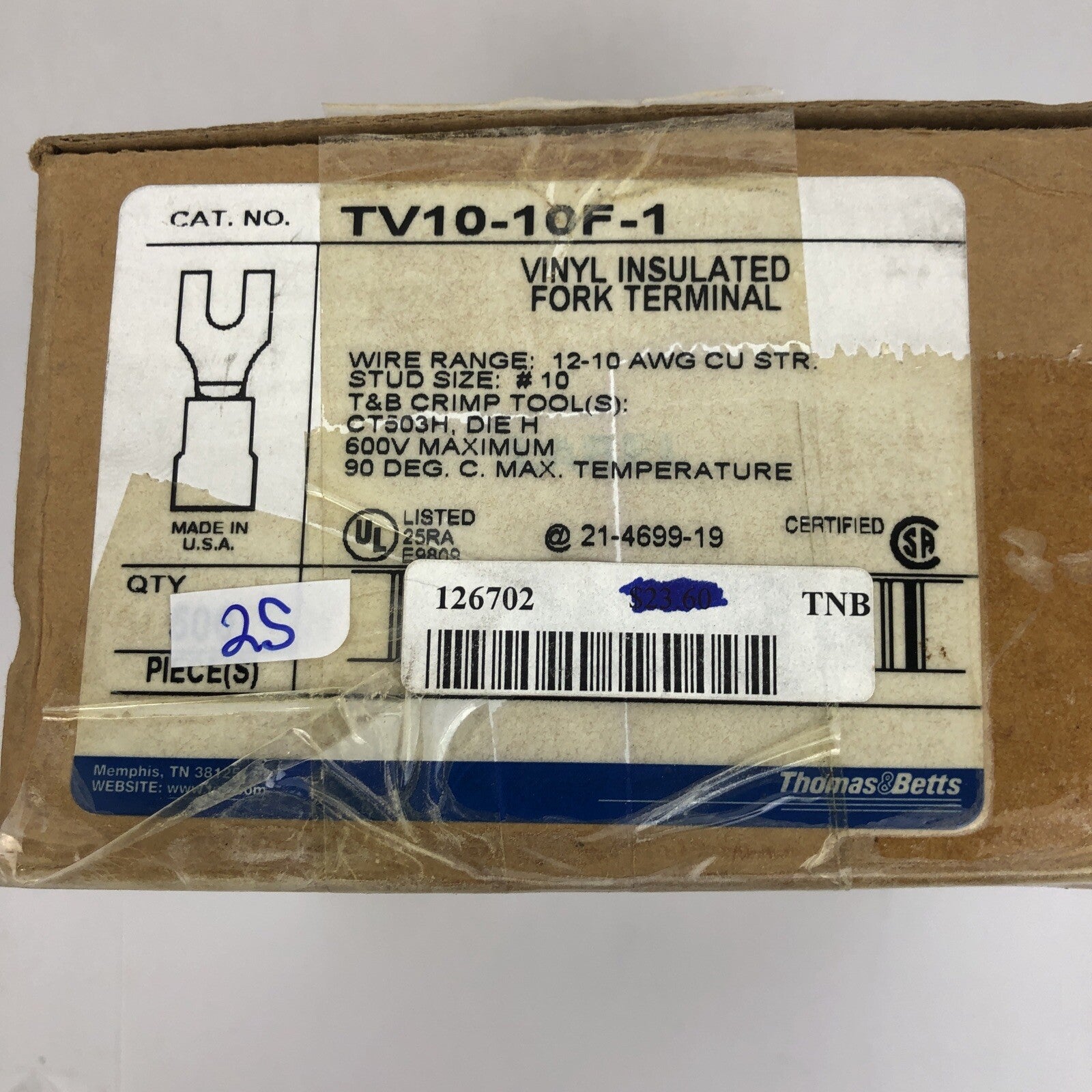25 x Thomas Betts Vinyl Insulated Fork Terminal 12-10 AWG TV10-10F-1 #10 Stud