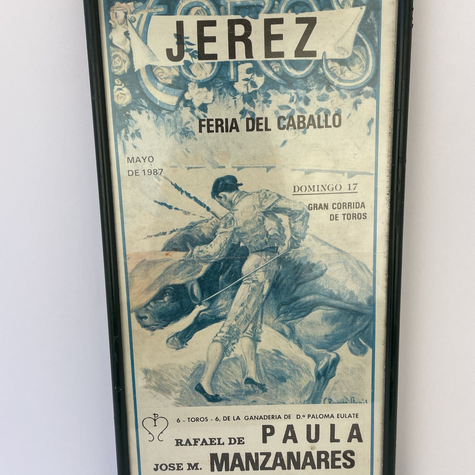 JEREZ Feria Del Caballo SPAIN Bullfighting Framed Vintage Poster 1987 19" x 8"