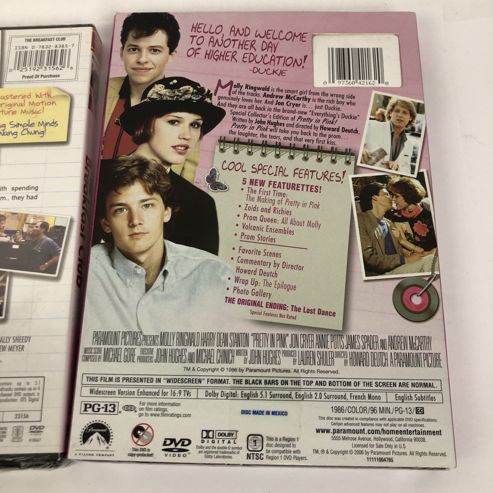The Breakfast Club / Pretty In Pink (2 DVD Video Lot) Molly Ringwald Brand New