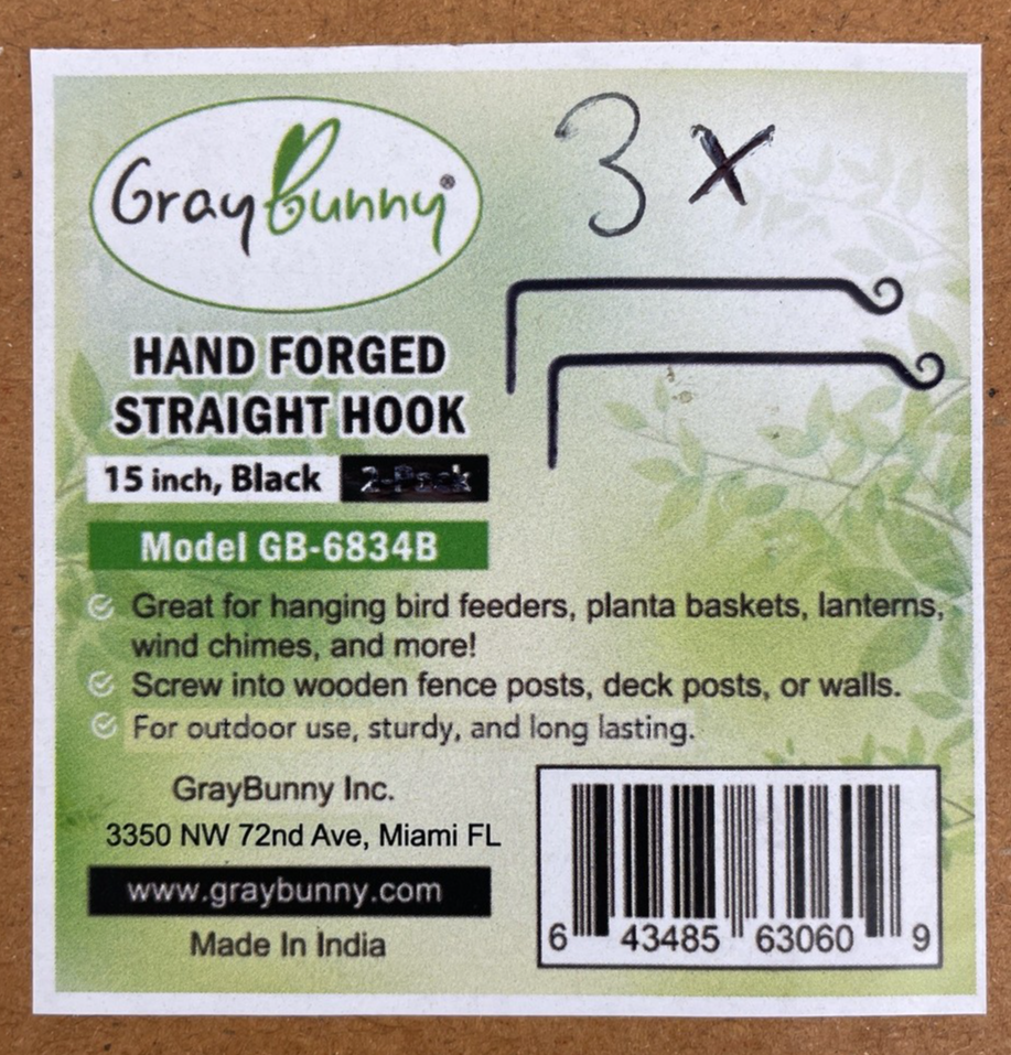 Lot of 3 x NWT Gray Bunny Hand Forged Straight Black Hook 15" GB-6834B