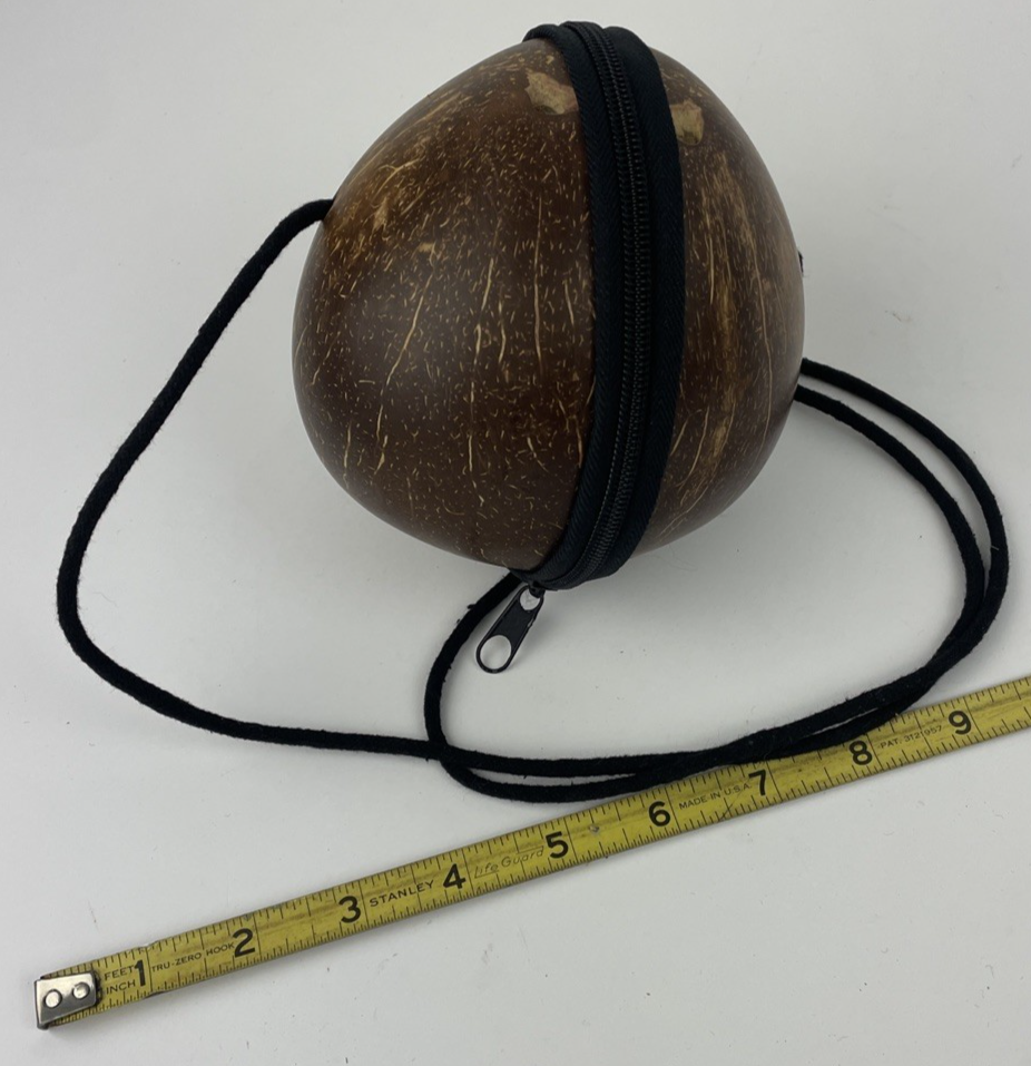 Real Coconut Purse Folk Art Couture Vintage Hand Made with Zippered Closure