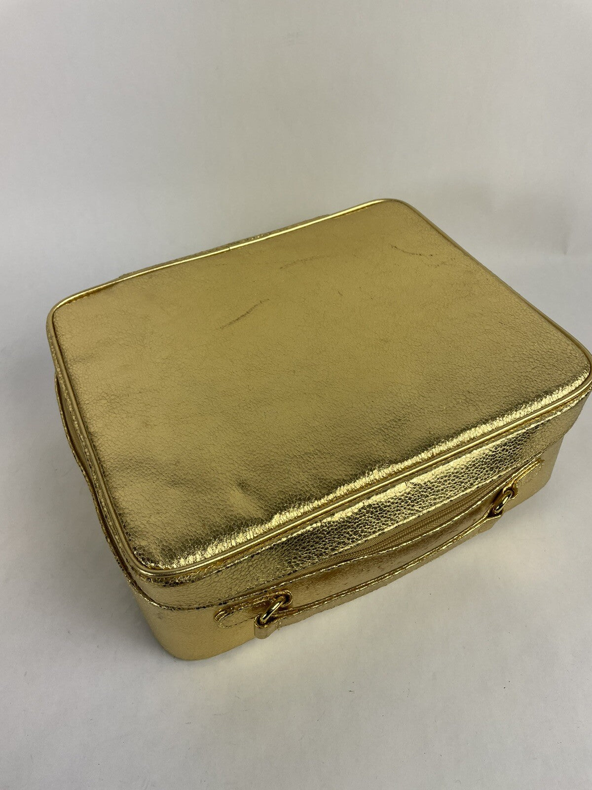 Vintage Estee Lauder Gold Cosmetic Train Travel Case Bag Suitcase Metallic Soft 