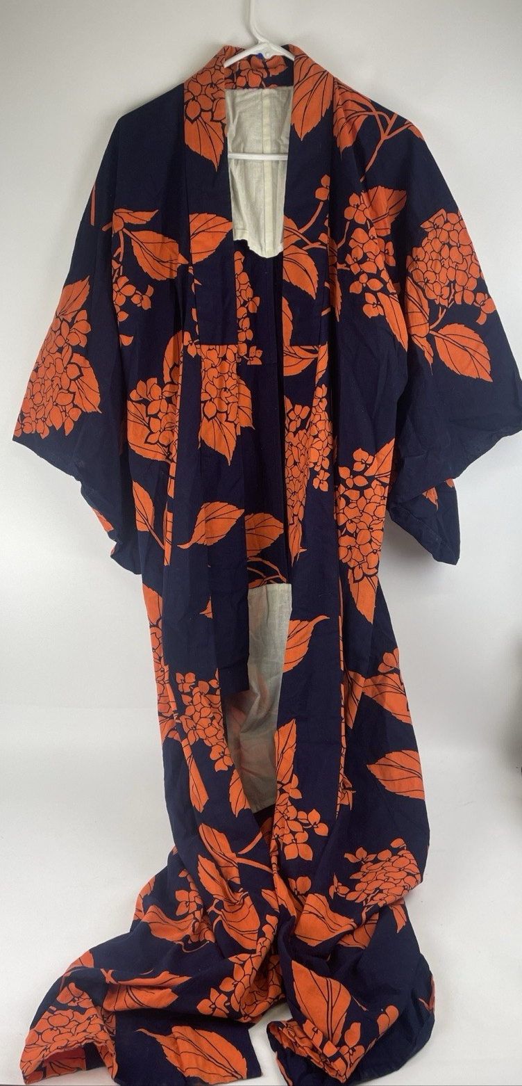 Japanese  Kimono Jodo Shinshu Honganji Coat Blue with Orange Floral Print OSFM