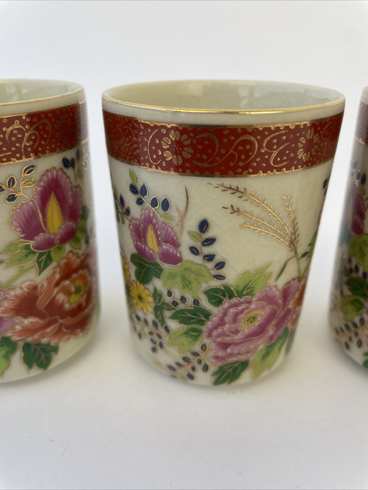 4 x Satsuma Japan Saki Crackled Teacup Hand Painted Floral Design 3.25" x 2.5"