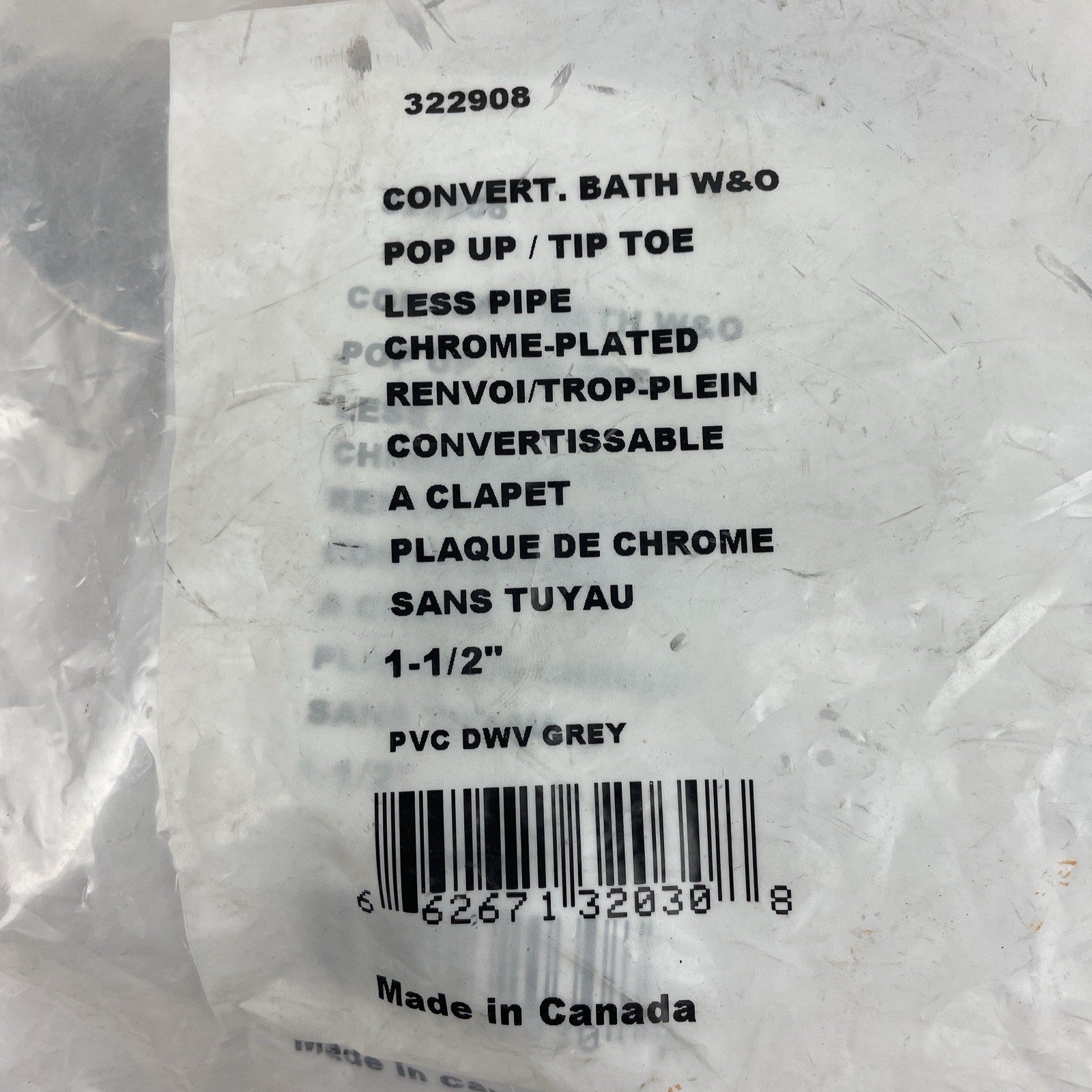 canplas 1-1/2" PVC Gray Waste & Overflow, Convertible Kit, Pop Up (Chrome Trim)