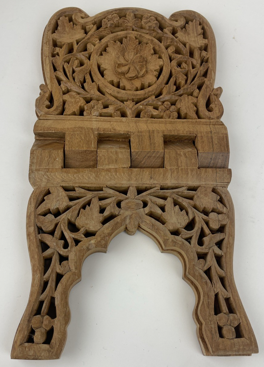 Vintage Hand Carved Wooden Open Book Holder Folding Display Bible, Cookbook Rack