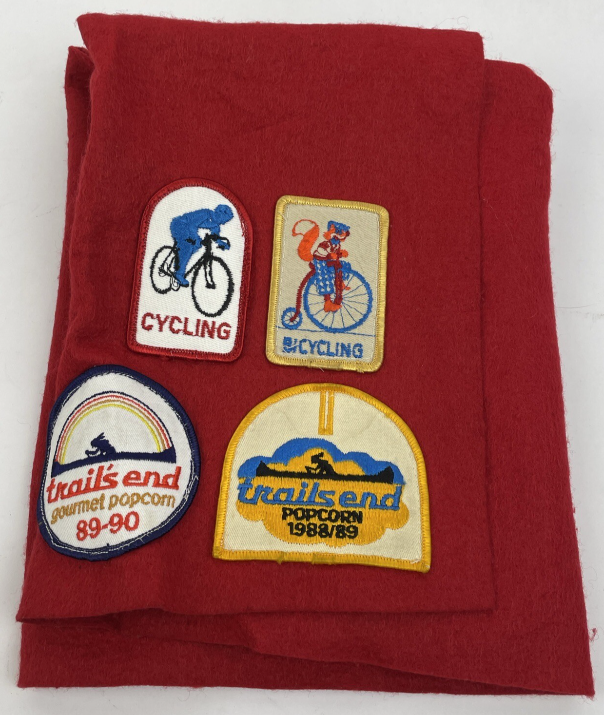 Vintage 1980's Red Felt Boy Scout Vest With 7 Patches 89 Olympics Pinewood Derby