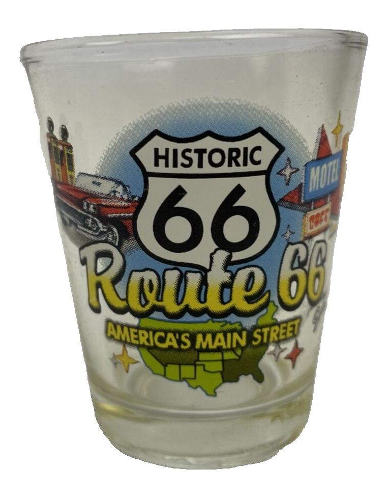 VINTAGE ROUTE 66 U.S.A. AMERICA'S MAIN STREET~ SHOT GLASS ~ CLEAR GLASS - LOOK