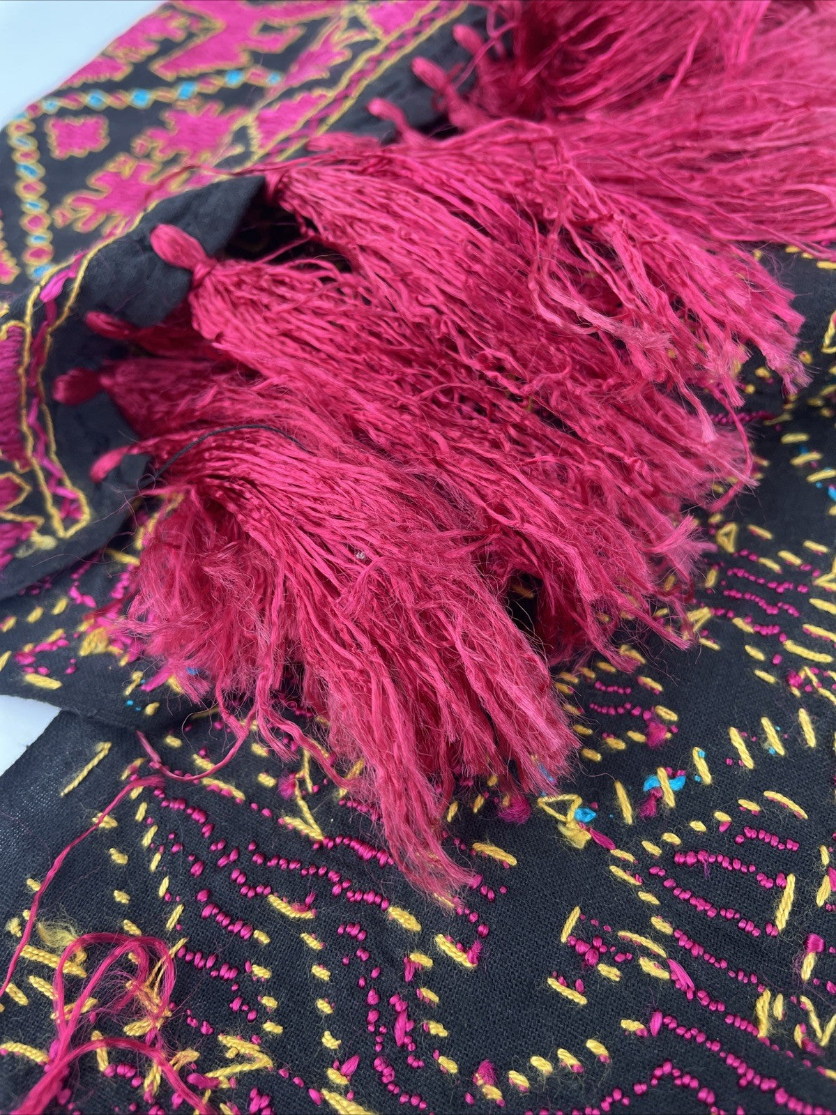 Vintage South Asian Silk Swati Textile Hand Embroidery Magenta Black 76" x 13.5"