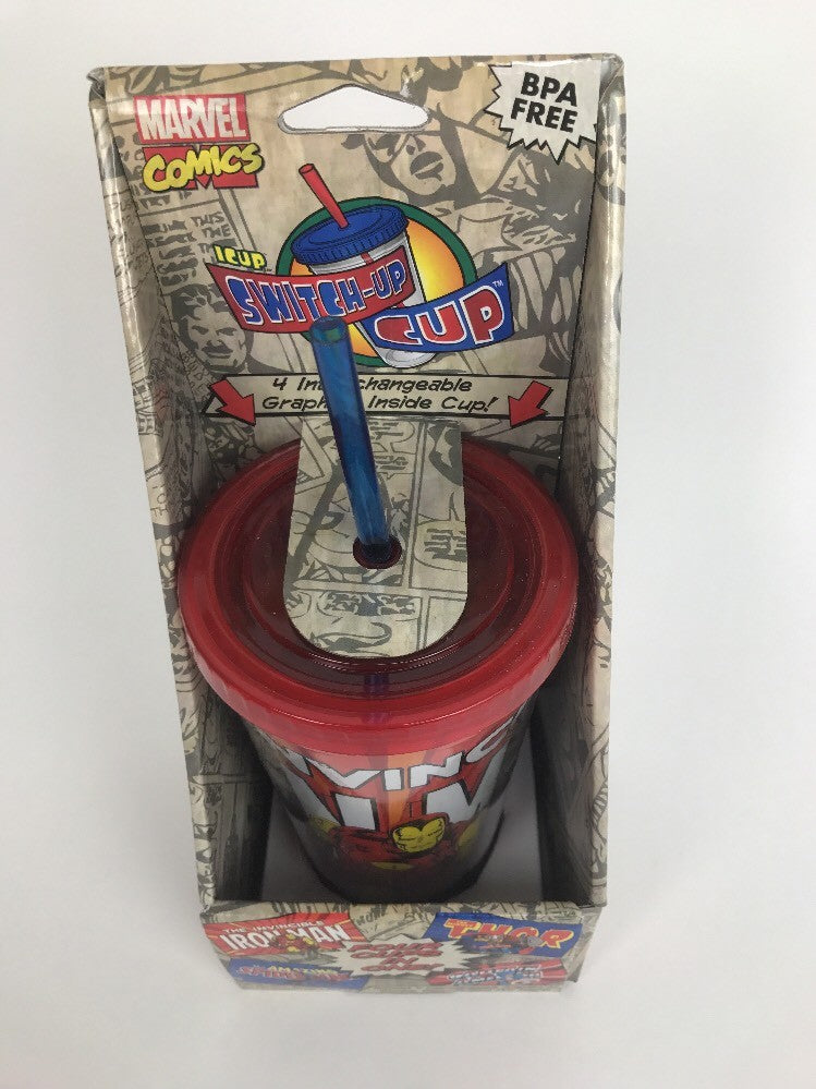 4 Marvel Comics Cups In One! Tall Plastic Drinking Cup W Straw - Rare Item ICUP