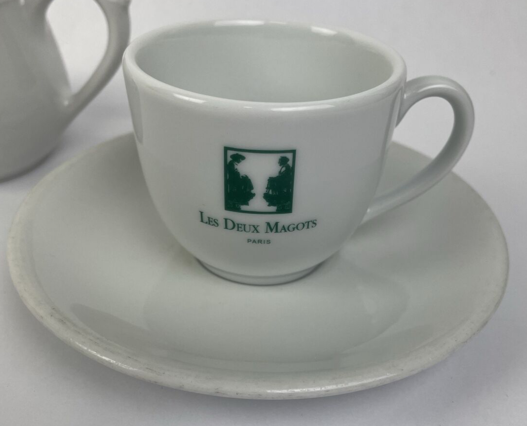 APILCO Les Deux Magots Paris France Espresso Cup and Saucer + Creme Pitcher