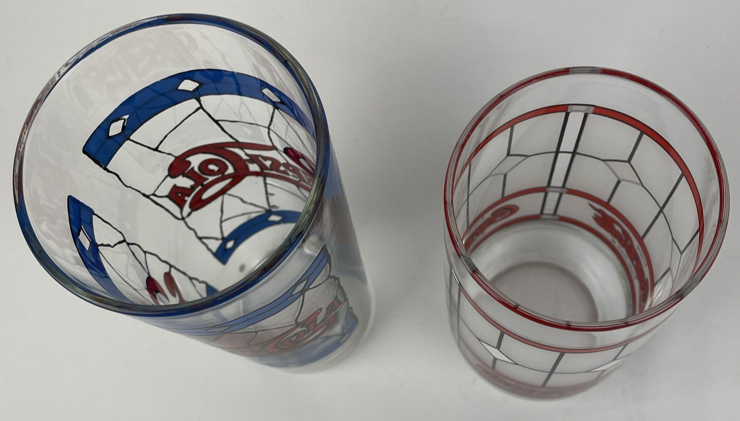 2 x Vintage 1970 Pepsi / Coca Cola Soda Pop Blue Red 12 oz Stained Glass Window