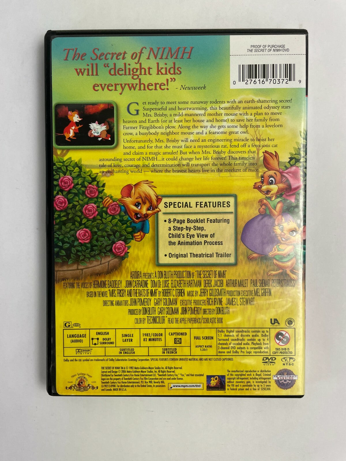 The Secret of Nimh DVD Movie A Don Bluth Production - Mint Disc