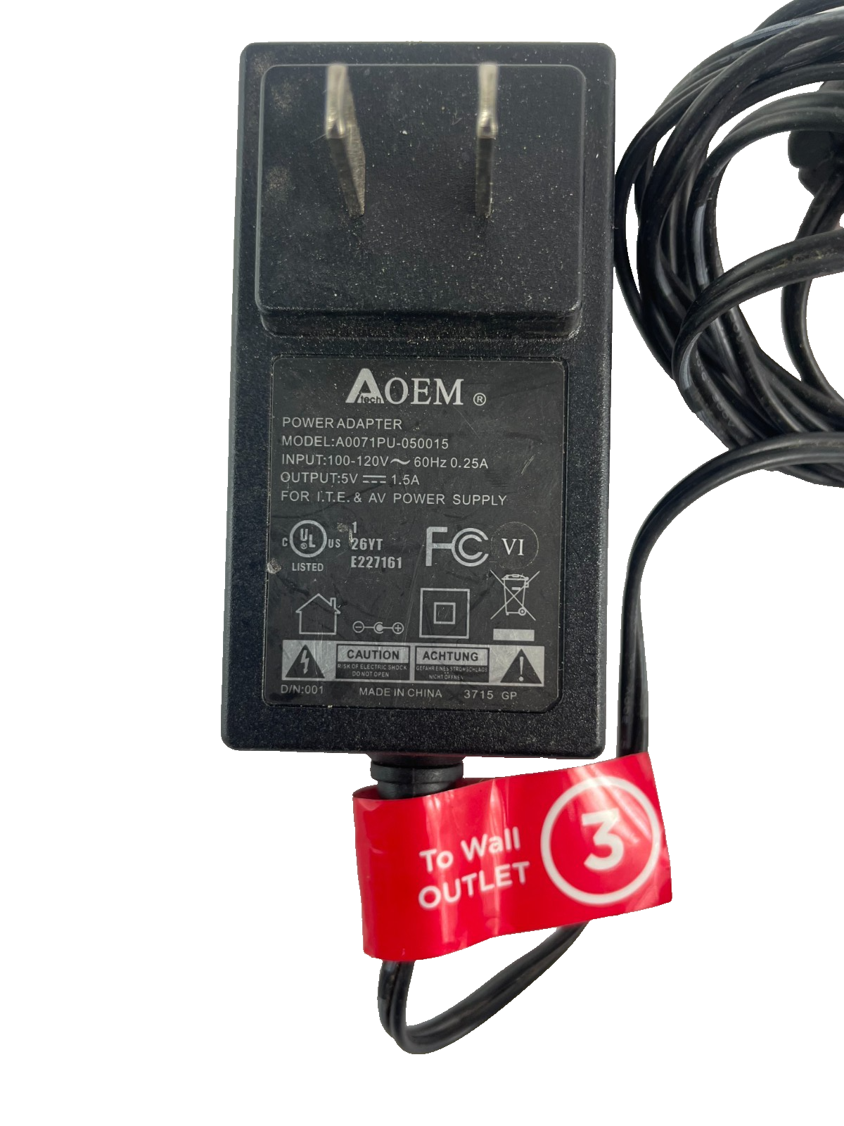 Geniune Atech OEM Model A0071PU-050015 Output 5V 1.5A Power Supply Adapter #A78