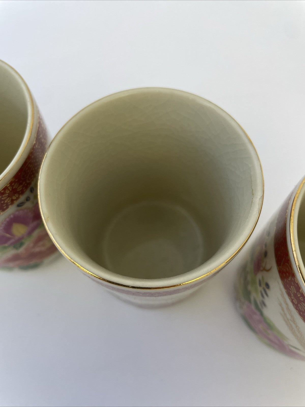 4 x Satsuma Japan Saki Crackled Teacup Hand Painted Floral Design 3.25" x 2.5"